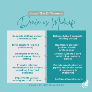 two columns with the difference between a doula and a midwife